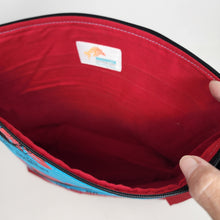 Load image into Gallery viewer, Freehand Machine Embroidered Ikea Drape + Shark Boat Fabric 14.5x11 Upcycled Project Bag