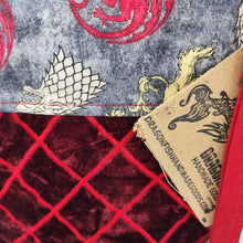 Load image into Gallery viewer, Freehand Machine Embroidered Red Velvet Upholstery Remnant + GOT Fabric 14.5x11 Upcycled Project Bag