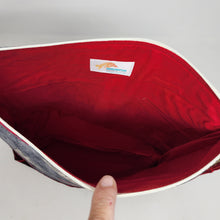 Load image into Gallery viewer, Freehand Machine Embroidered Red Velvet Upholstery Remnant + GOT Fabric 14.5x11 Upcycled Project Bag
