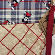 Load image into Gallery viewer, Freehand Machine Embroidered Brocade Gold Tablecloth + Plaid Mouse Fabric 14.5x11 Upcycled Project Bag