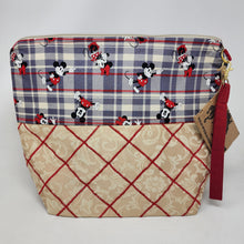 Load image into Gallery viewer, Freehand Machine Embroidered Brocade Gold Tablecloth + Plaid Mouse Fabric 14.5x11 Upcycled Project Bag