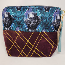 Load image into Gallery viewer, Freehand Machine Embroidered Plum Velvet Remnant + Black Super Hero 14.5x11 Upcycled Project Bag