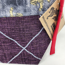 Load image into Gallery viewer, Freehand Machine Embroidered Purple Textured Upholstery Remnant + GOT Fabric 14.5x11 Upcycled Project Bag