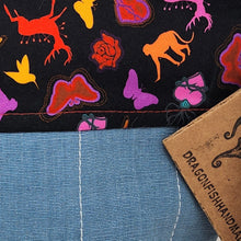 Load image into Gallery viewer, Freehand Machine Embroidered Blue & White Tablecloth + Frida Khalo Fabric 14.5x11 Upcycled Project Bag