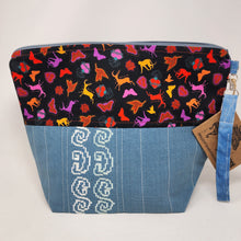 Load image into Gallery viewer, Freehand Machine Embroidered Blue & White Tablecloth + Frida Khalo Fabric 14.5x11 Upcycled Project Bag