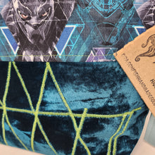 Load image into Gallery viewer, Freehand Machine Embroidered Green Velvet Remnant + Black Super Hero 14.5x11 Upcycled Project Bag