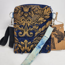 Load image into Gallery viewer, Remnant Blue, Gold & Black Brocade Crossbody 3-way 6x7 Upcycled Cell Phone Bag - hand-dyed