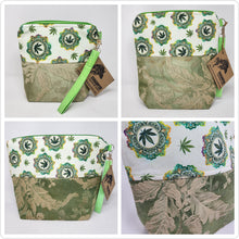 Load image into Gallery viewer, Freehand Machine Embroidered Brocade Tablecloth + Rainbow Psychedelic Cannabis 14.5x11, 10x11, 8x9 Upcycled Project Bags - hand-dyed