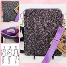 Load image into Gallery viewer, Remnant Black and Purple Brocade Crossbody 3-way 6x7 Upcycled Cell Phone Bag - hand-dyed