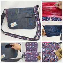 Load image into Gallery viewer, Freehand Machine Embroidered Vintage Men's Suit + Folk Art Alien & UFO Upcycled Messenger Bag