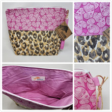 Load image into Gallery viewer, Freehand Machine Embroidered Leopard Canvas Remnant + OOP Barbie fabric 14.5x11 Upcycled Project Bag - hand-dyed