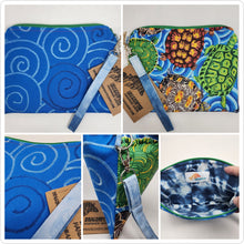 Load image into Gallery viewer, Freehand Machine Embroidered Ikea Blue Denim + Turtles Upcycled 10.5x8 Clutch bag - hand-dyed