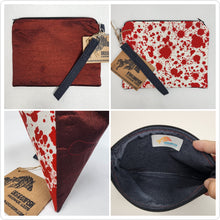 Load image into Gallery viewer, Freehand Machine Embroidered Red Taffeta Drape + Blood Splatter Upcycled 10.5x8 Clutch bag - hand-dyed