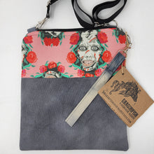 Load image into Gallery viewer, Grey Hand-Dyed Ikea Sofa Cover + Exorcist Regan 9.5x10.5 Upcycled 3-Way Crossbody Bag
