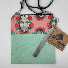 Load image into Gallery viewer, Green Hand-Dyed Ikea Sofa Cover + Exorcist Regan 9.5x10.5 Upcycled 3-Way Crossbody Bag