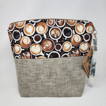 Load image into Gallery viewer, Machine Freehand Embroidered Upholstery Remnant + Coffee 14.5x11 Upcycled Project Bag - hand-dyed
