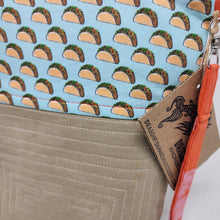 Load image into Gallery viewer, Freehand Machine Embriodered Khaki Cargo Shorts + Tacos &amp; Taco Sauce 10x11 Upcycled Project Bag - hand-dyed
