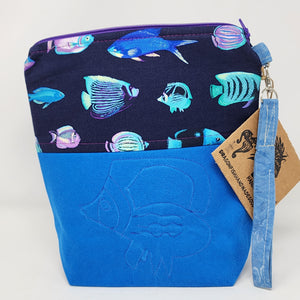 Machine Freehand Embroidered Brilliant Blue Denim Remnant + Tropical Fish 10x11 Upcycled Project Bag - hand-dyed