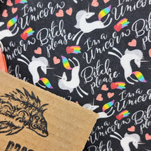 Load image into Gallery viewer, Freehand Machine Embroidered Dress Pants with Pocket + Bitch Please, I&#39;m a Unicorn! Upcycled 10.5x8 Notions Clutch - hand-dyed
