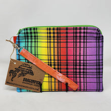 Load image into Gallery viewer, Freehand Machine Embroidered, Hand-Dyed Linen Remnant  + Rainbow Plaid Upcycled 10.5x8 Notions Clutch
