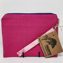 Load image into Gallery viewer, Freehand Machine Embroidered Hot Pink Denim Jeans + Rainbow Mid Mod Design Upcycled 10.5x8 Notions Clutch - hand-dyed
