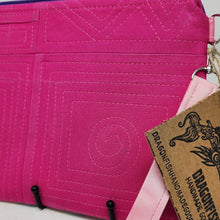 Load image into Gallery viewer, Freehand Machine Embroidered Hot Pink Denim Jeans + Rainbow Mid Mod Design Upcycled 10.5x8 Notions Clutch - hand-dyed
