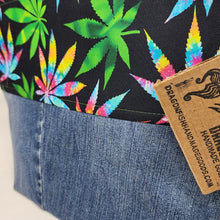 Load image into Gallery viewer, Freehand Machine Embriodered Denim Jeans + Rainbow Cannabis 14.5x11 Upcycled Project Bag

