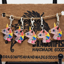 Load image into Gallery viewer, Sparkly Rainbow Unicorn Stitch Markers - set of 5
