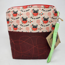 Load image into Gallery viewer, Machine Freehand Embroidered Red Taffeta Ikea Drape + &quot;I&#39;m a Mess&quot; Pug 10x11 Upcycled Project Bag - hand-dyed
