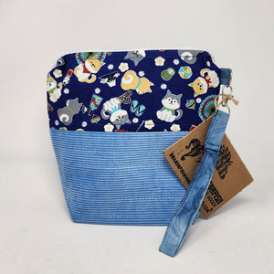Freehand Machine Embriodered Vintage Courduroy + Shiba Inu & Japanese Culture 14.5x11, 10x11, 8x9 Upcycled Project Bags - hand-dyed