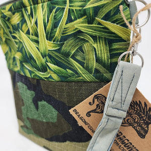 Freehand Machine Embriodered Camo remnant + Grass! 10x11, 8x9 Upcycled Project Bags - hand-dyed
