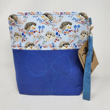 Load image into Gallery viewer, Freehand Machine Embriodered Remnant Blue Denim + Hedgehogs 14.5x11, 10x11 Upcycled Project Bags - hand-dyed
