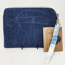 Load image into Gallery viewer, Freehand Machine Embroidered Denim + Blue Alien Abduction Upcycled 10.5x8 Clutch bag - hand-dyed
