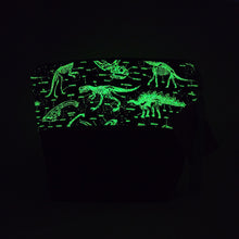 Load image into Gallery viewer, Freehand Machine Embroidered Luxurious Metallic Upholstery Fabric + Glow-in-the-dark Dinosaur Skeletons 14.5x11 Upcycled Project Bag
