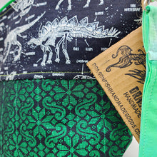 Load image into Gallery viewer, Freehand Machine Embroidered Luxurious Metallic Upholstery Fabric + Glow-in-the-dark Dinosaur Skeletons 14.5x11 Upcycled Project Bag
