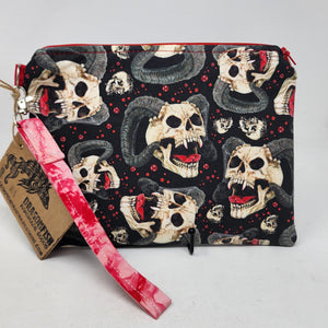 Freehand Machine Embroidered Pea Coat Wool + Demon Skull Upcycled 10.5x8 Clutch bag - hand-dyed