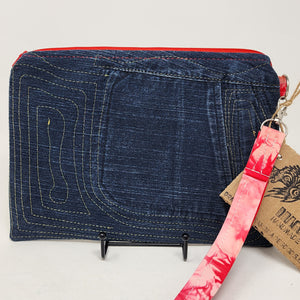 Gold Freehand Machine Embroidered Denim Jeans w/Pocket + Skeleton Family w/Moths Upcycled 10.5x8 Clutch bag - hand-dyed