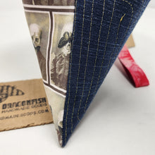 Load image into Gallery viewer, Gold Freehand Machine Embroidered Denim Jeans w/Pocket + Skeleton Family w/Moths Upcycled 10.5x8 Clutch bag - hand-dyed
