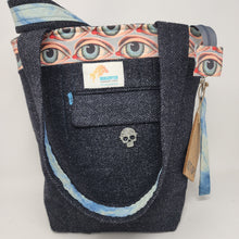 Load image into Gallery viewer, Men&#39;s Vintage Herringbone Suit + Eyeballs + Hand-dyed Bedsheeting Upcycled Tote Bag
