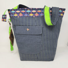 Load image into Gallery viewer, Men&#39;s Vintage Pinstripe Suit + Cats in Spaceships + Hand-dyed Bedsheeting Upcycled Tote Bag
