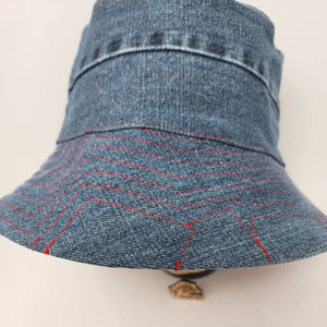 Blue Denim Jeans + Red Bandana Fabric Upcycled Reversible Bucket Hat - Medium