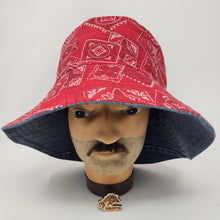 Load image into Gallery viewer, Blue Denim Jeans + Red Bandana Fabric Upcycled Reversible Bucket Hat - Medium
