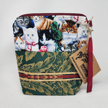 Load image into Gallery viewer, Machine Freehand Embroidered Brocade Upholstery Remnant + Kittens 10x11 Upcycled Project Bag - hand-dyed
