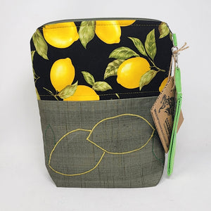 Machine Freehand Embroidered Ikea Taffeta Drape + Lemons 10x11 Upcycled Project Bag - hand-dyed