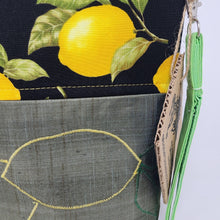 Load image into Gallery viewer, Machine Freehand Embroidered Ikea Taffeta Drape + Lemons 10x11 Upcycled Project Bag - hand-dyed
