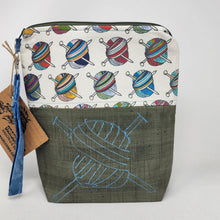 Load image into Gallery viewer, Machine Freehand Embroidered Ikea Taffeta Drape + Yarn Balls 10x11 Upcycled Project Bag - hand-dyed

