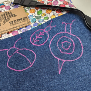 Feehand Machine Embroidered High Denim Jeans + Rainbow Ladybugs 10x12 Crossbody 3-way Upcycled Bag