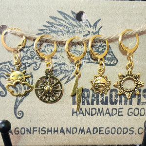 Weather: Sun, Stars, Clouds Stitch Markers - set of 5 - silver & gold