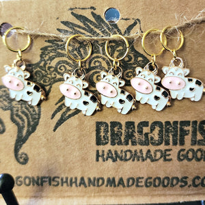 Enamel White Spotted Cow Stitch Markers - set of 5