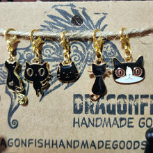 Load image into Gallery viewer, Enameled Black Cats Stitch Markers - set of 5
